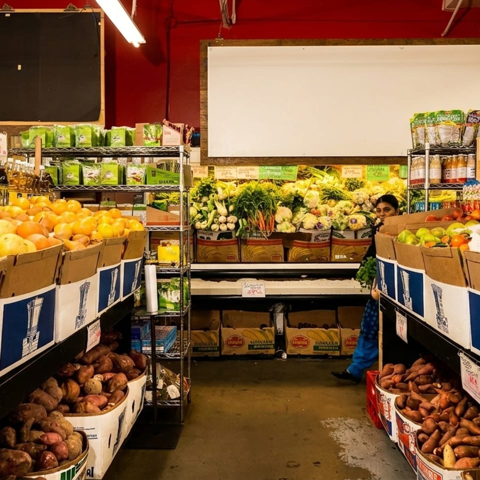 A grocery store aisle filled with fresh produce, including sweet potatoes, oranges, and apples.