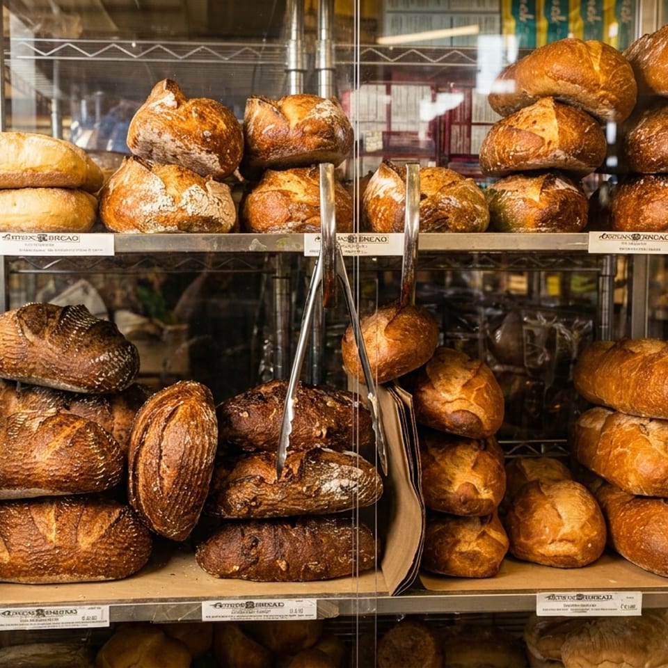 Artisan bread loaves displayed on shelves in a bakery or grocery store, with beverages in the background.