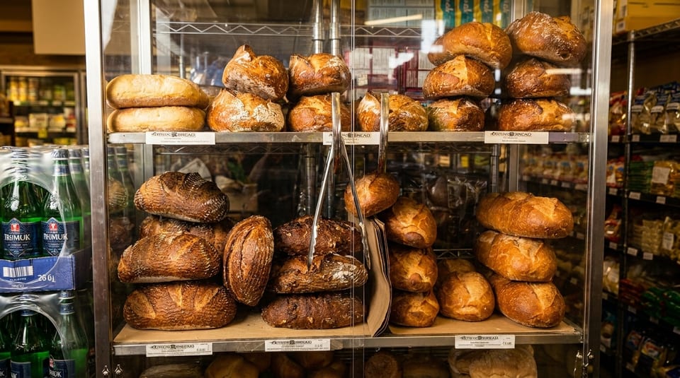 Artisan bread loaves displayed on shelves in a bakery or grocery store, with beverages in the background.