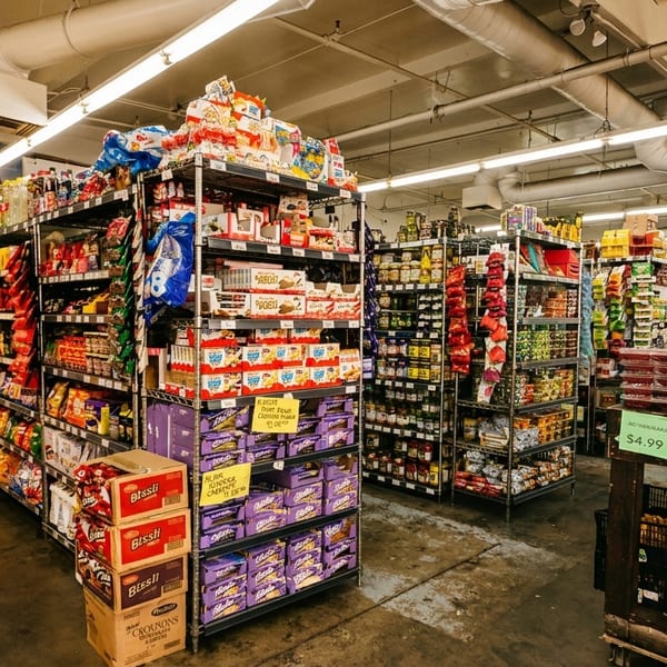 A grocery store aisle with shelves full of various food products, including Italian goods and fresh produce.