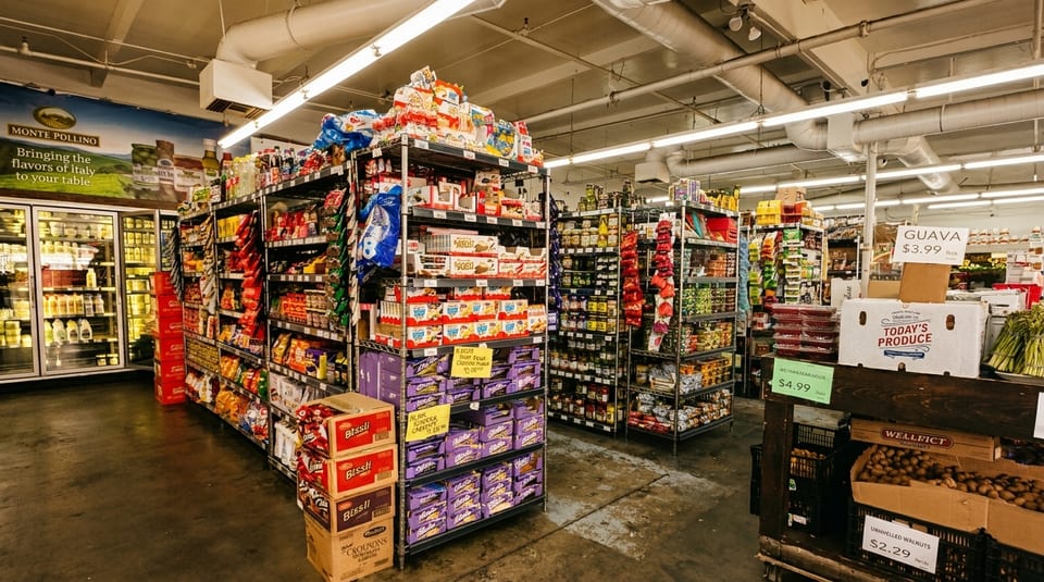A grocery store aisle with shelves full of various food products, including Italian goods and fresh produce.