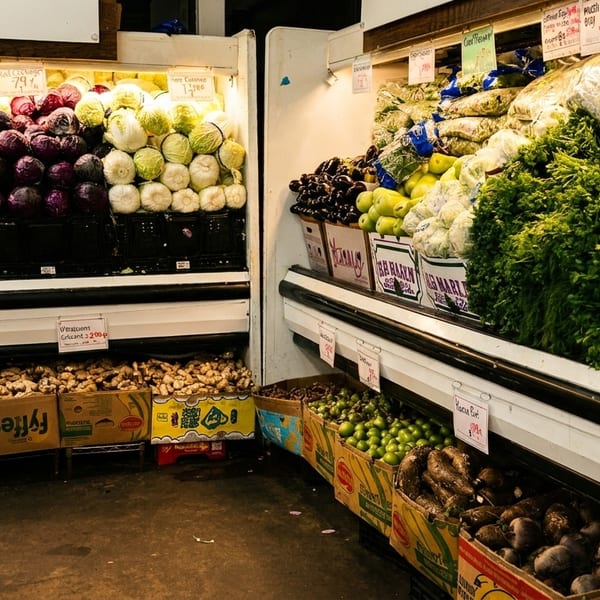 Produce section of a grocery store with cabbages, leafy greens, grapes, and various root vegetables.