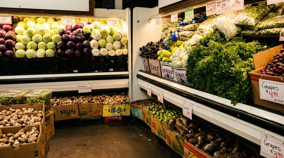 Produce section of a grocery store with cabbages, leafy greens, grapes, and various root vegetables.