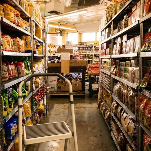 Narrow aisle in a grocery store, lined with shelves full of packaged food items and a step stool.