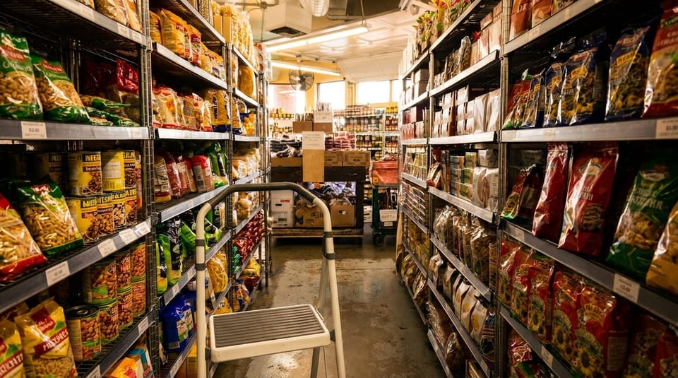 Narrow aisle in a grocery store, lined with shelves full of packaged food items and a step stool.