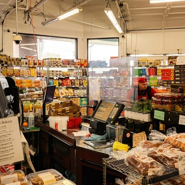 A bakery interior with a counter displaying baked goods, a cashier, and shelves stocked with various products.