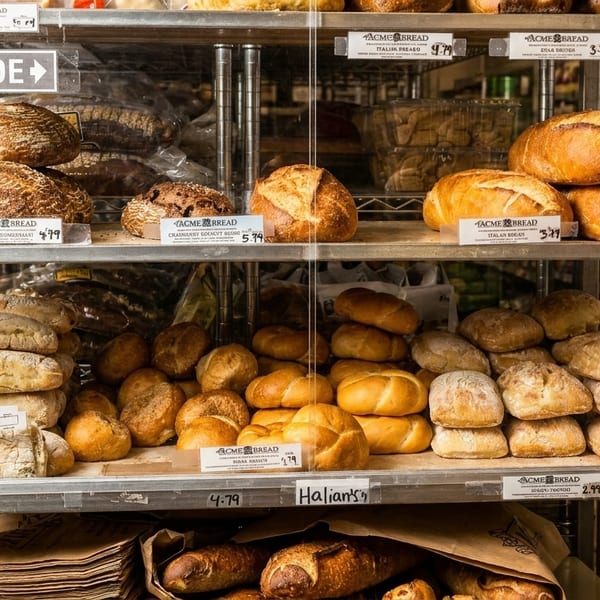 A refrigerated display case filled with various types of Acme Bread, including Italian and Ciabatta.