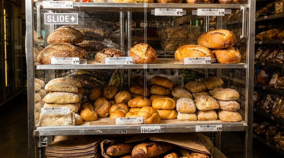 A refrigerated display case filled with various types of Acme Bread, including Italian and Ciabatta.