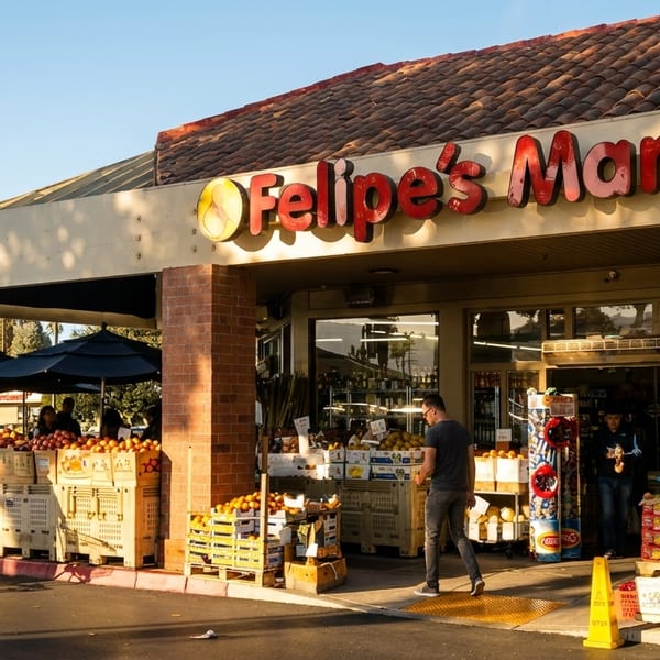 Felipe's Market storefront with outdoor fruit displays, customers, and a red shopping cart.