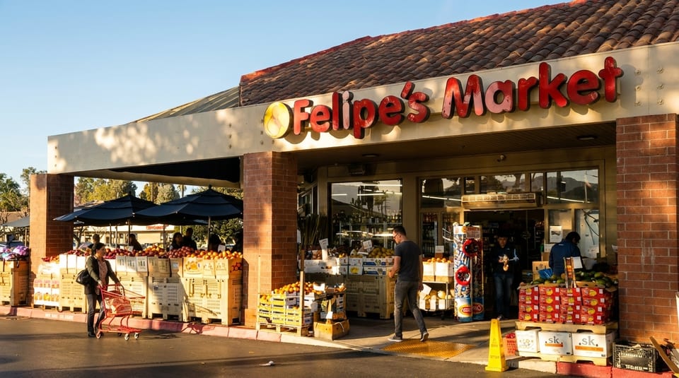 Felipe's Market storefront with outdoor fruit displays, customers, and a red shopping cart.